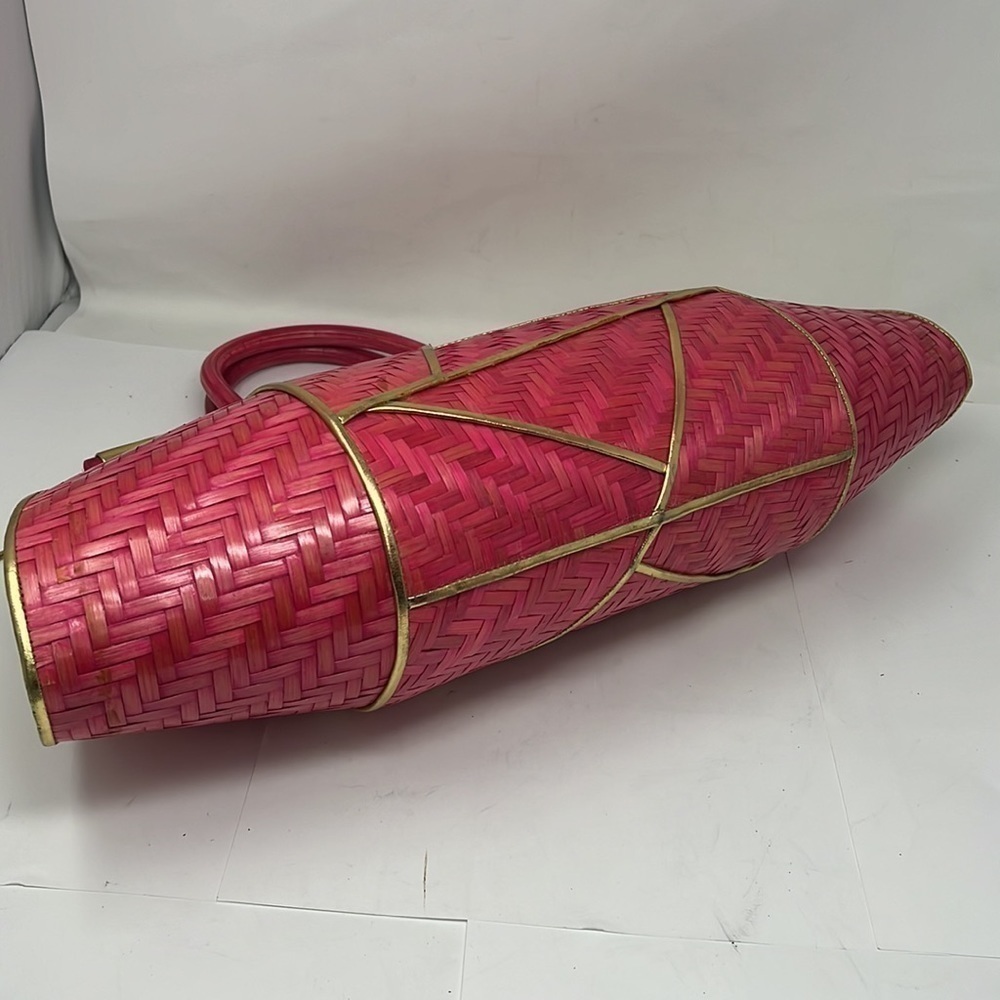 Pink Rattan Gold Lame Leather Zip Large Structured Handbag - Picture 9 of 16